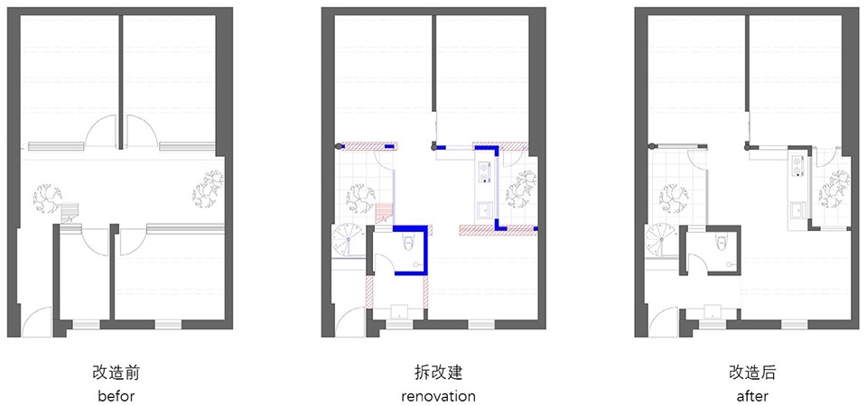 住宅设计,公寓设计,小户型设计,60㎡,旧房翻新,胡同房子改造,公寓设计案例,公寓设计方案,出租房改造,北京烟囱宅改造,北京,KAI建筑工作室