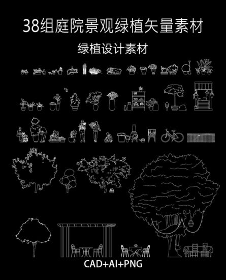 38组庭院景观绿植矢量素材CAD图库，CAD+AI+PNG